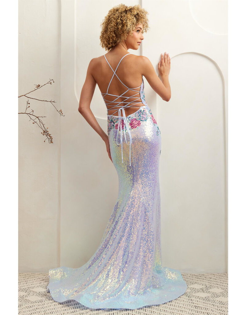 AMELIA COUTURE Spaghetti strap lace up sequin floral gown 7060