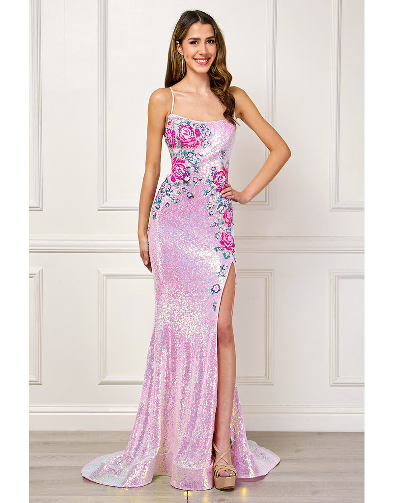AMELIA COUTURE Spaghetti strap lace up sequin floral gown 7060