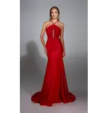 High neck shimmer satin corset fitted gown 61820