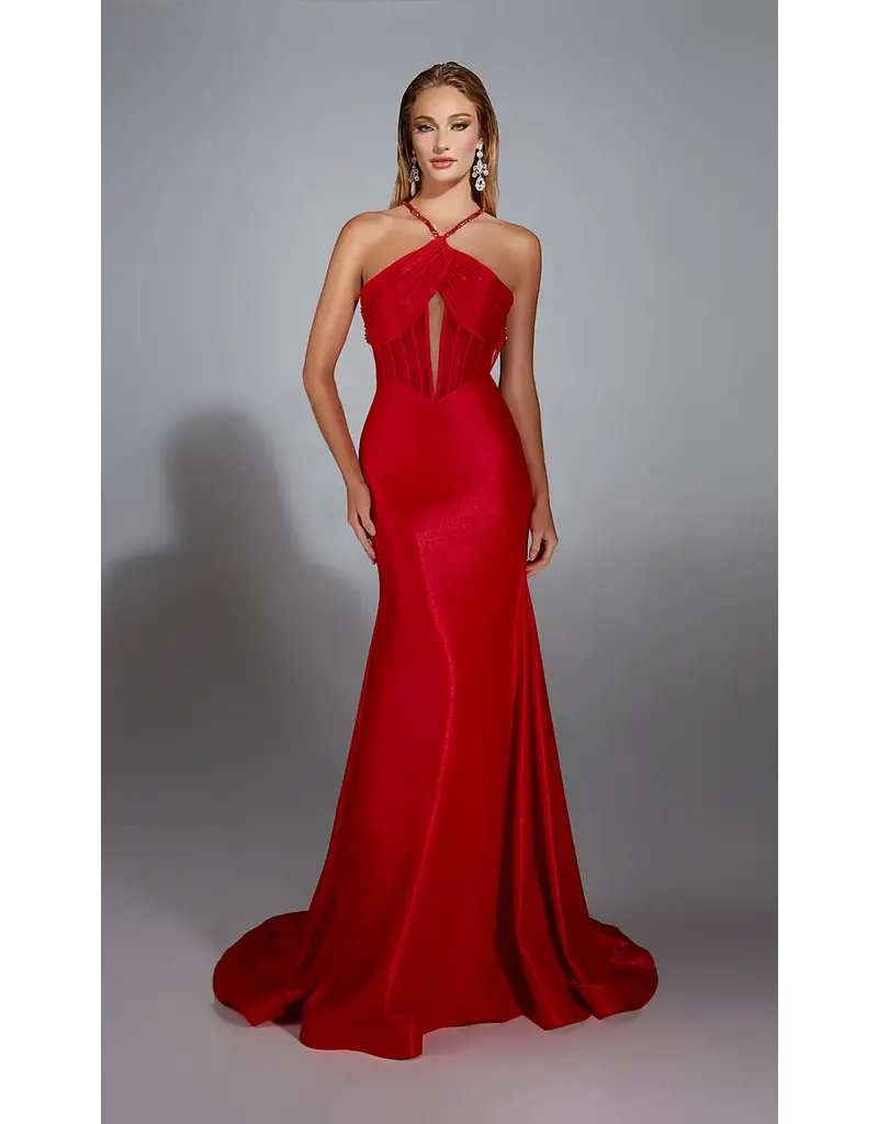High neck shimmer satin corset fitted gown 61820