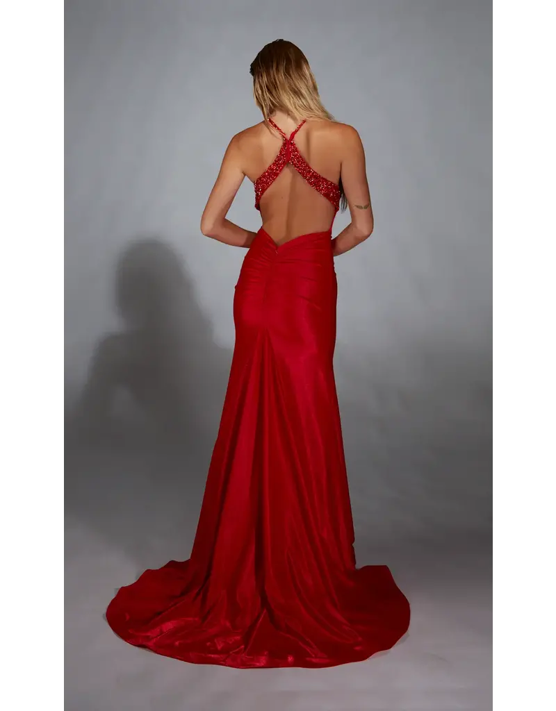 High neck shimmer satin corset fitted gown 61820
