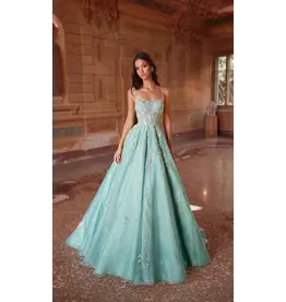 Spaghetti strap lace bodice glitter tulle ballgown 61824