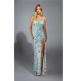 Beaded floral fitted gown w/leg slit 61871