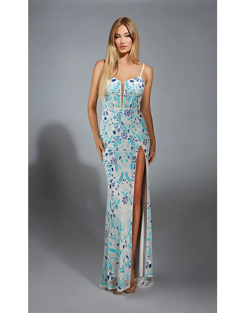 Beaded floral fitted gown w/leg slit 61871