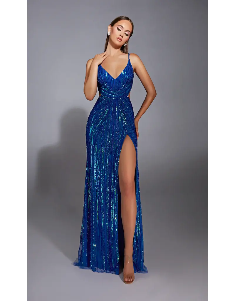 Sequin beaded fitted gown w/side cutouts 61880