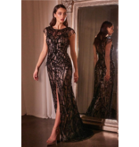 Ladivine Beaded lace cap sleeve front leg slit fitted gown CC4007