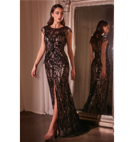 Ladivine Beaded lace cap sleeve front leg slit fitted gown CC4007