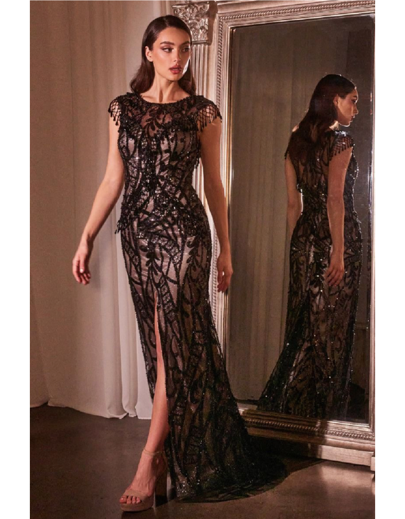 Ladivine Beaded lace cap sleeve front leg slit fitted gown CC4007