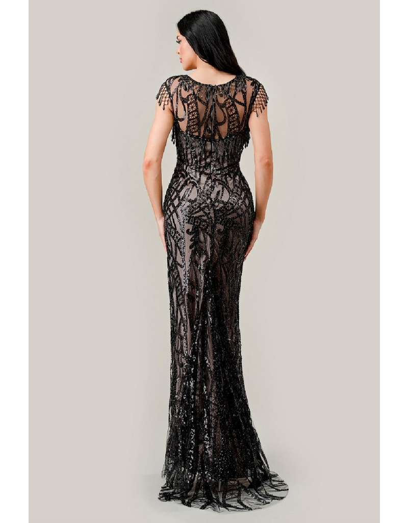 Ladivine Beaded lace cap sleeve front leg slit fitted gown CC4007