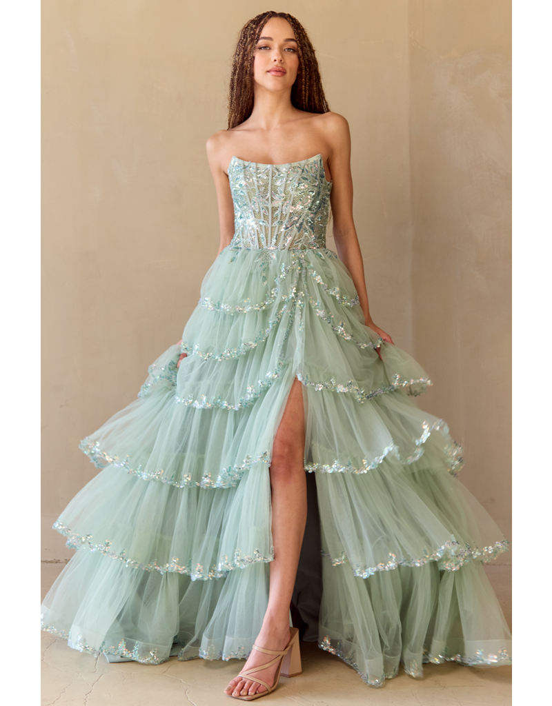 AMELIA COUTURE STRAPLESS A-LINE BALLGOWN, FRONT SLIT 4033