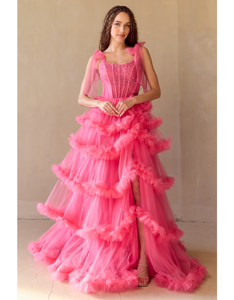 AMELIA COUTURE BEADED CORSET TOP, RUFFLE BALLGOWN W/SLIT 8900