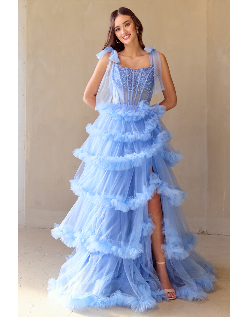 AMELIA COUTURE BEADED CORSET TOP, RUFFLE BALLGOWN W/SLIT 8900