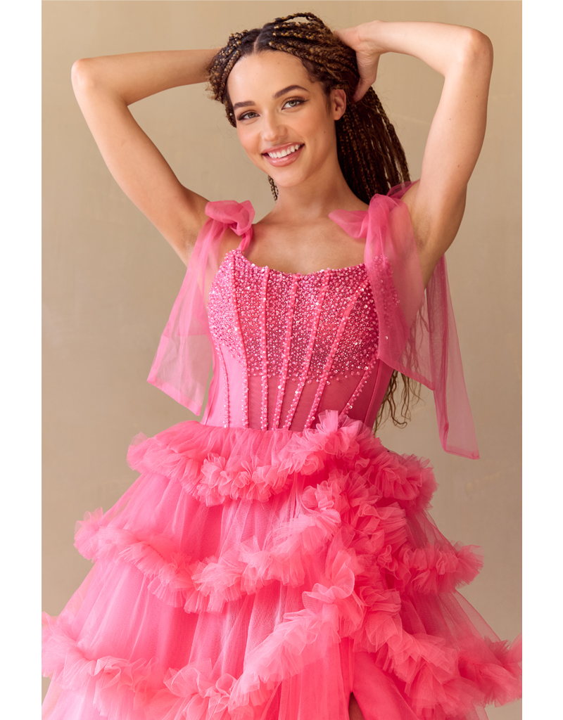 AMELIA COUTURE BEADED CORSET TOP, RUFFLE BALLGOWN W/SLIT 8900
