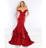 Silky satin off the shoulder ruffle skirt mermaid gown
