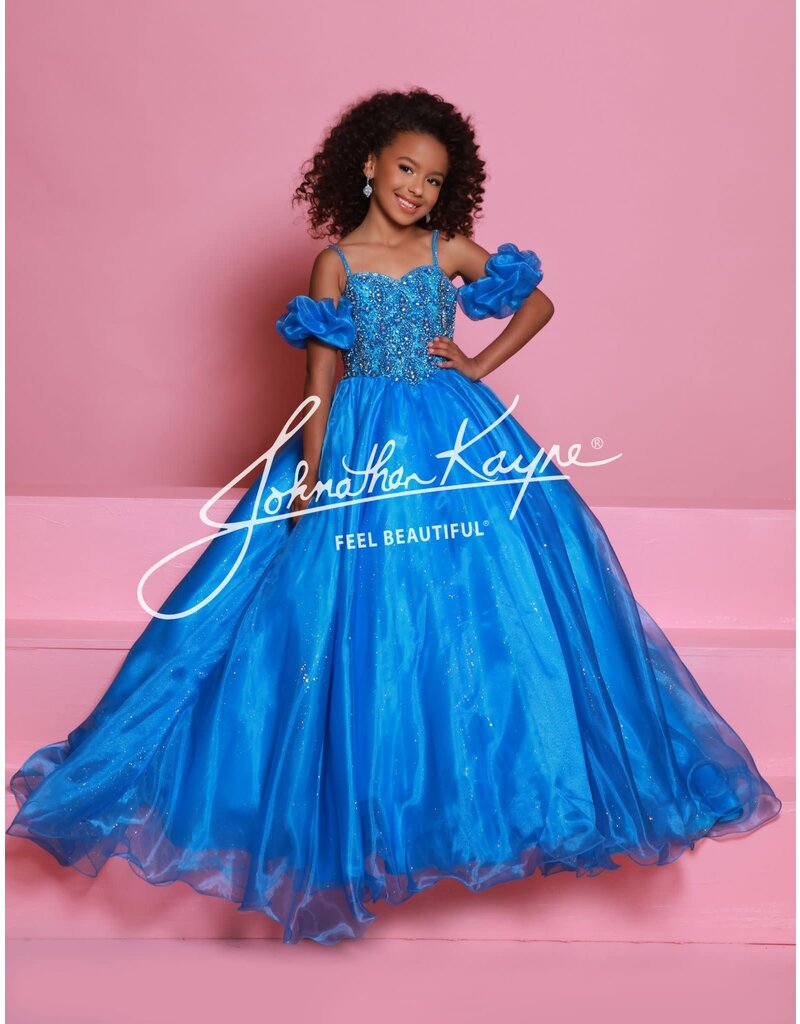 Sugar Kayne Beaded bodice glitter organza ballgown w/puff sleeves C359