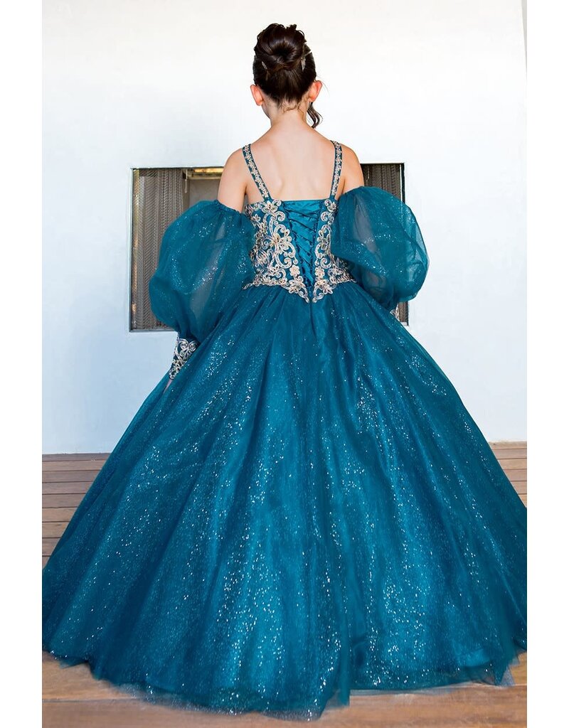 High neck beaded glitter tulle ballgown w/sleeves 5114