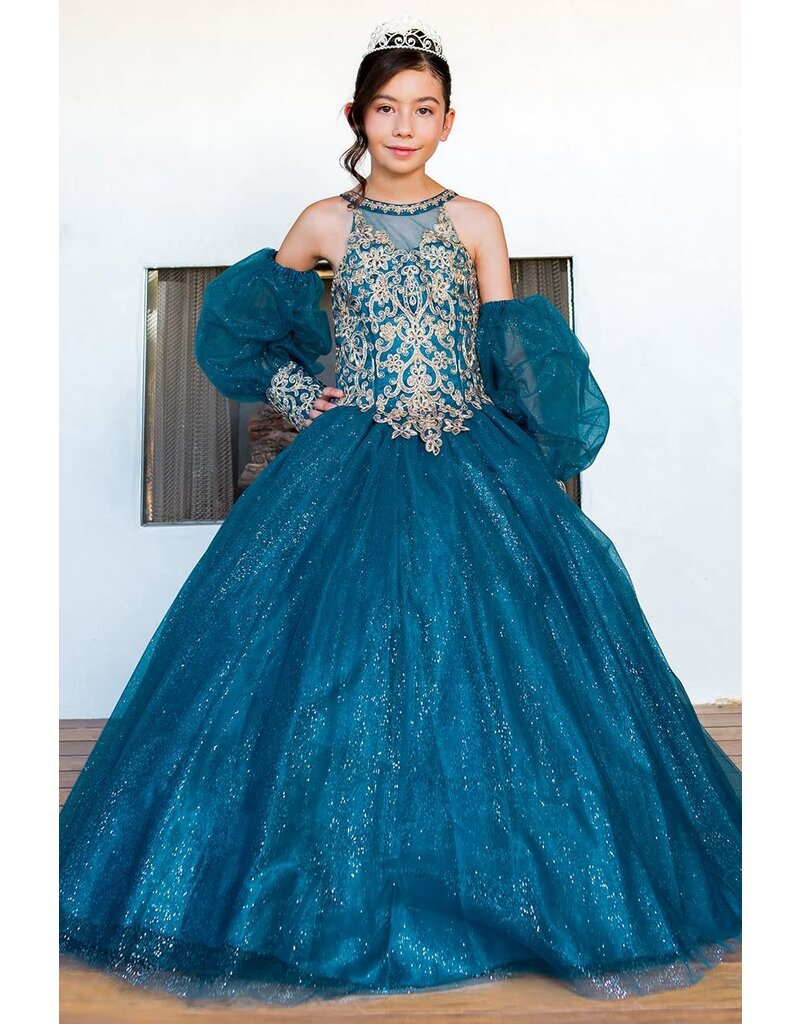 High neck beaded glitter tulle ballgown w/sleeves 5114