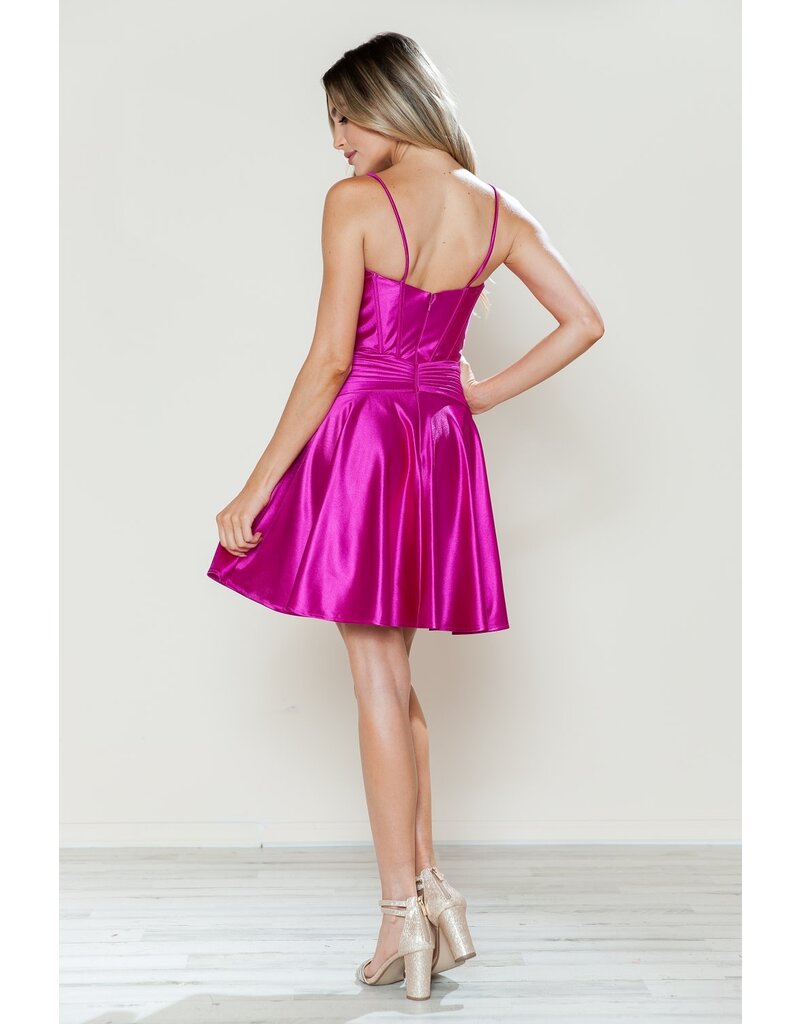 SATIN  ROUCHED BODICE, KEYHOLE, A-LINE SKT 9632