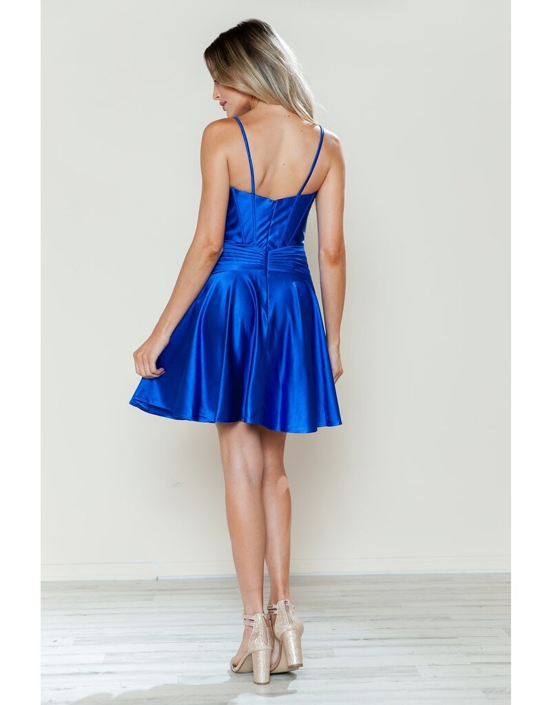 SATIN  ROUCHED BODICE, KEYHOLE, A-LINE SKT 9632