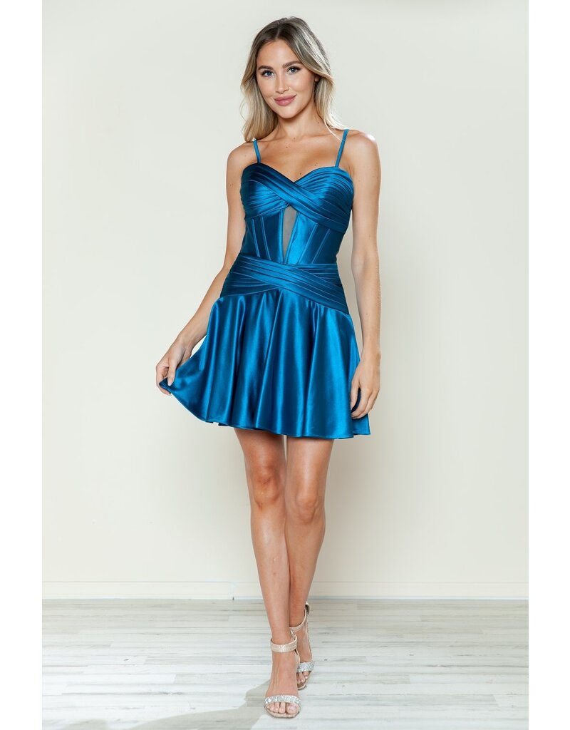 SATIN  ROUCHED BODICE, KEYHOLE, A-LINE SKT 9632