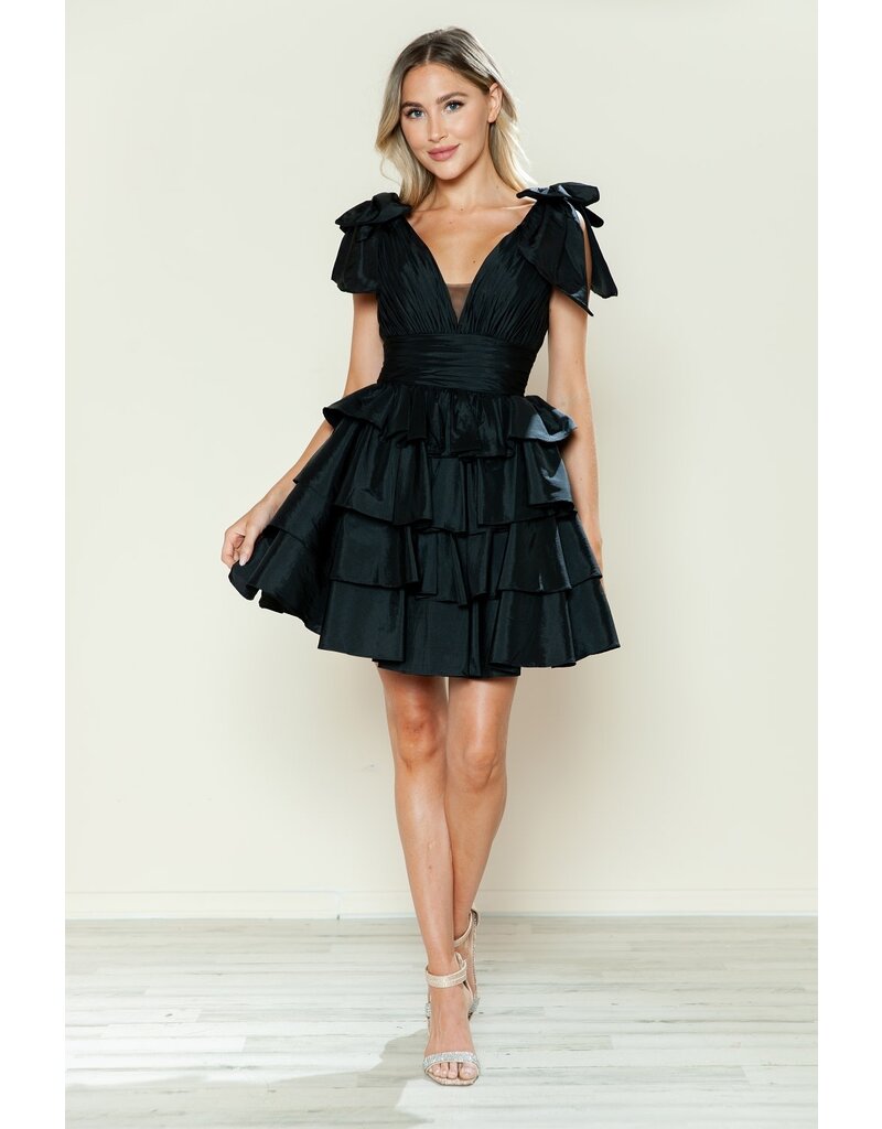 TAFFETA, MULTI RUFFLES, BOW SLVS 9742