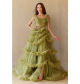AMELIA COUTURE BEADED CORSET TOP, RUFFLE BALLGOWN W/SLIT 8900
