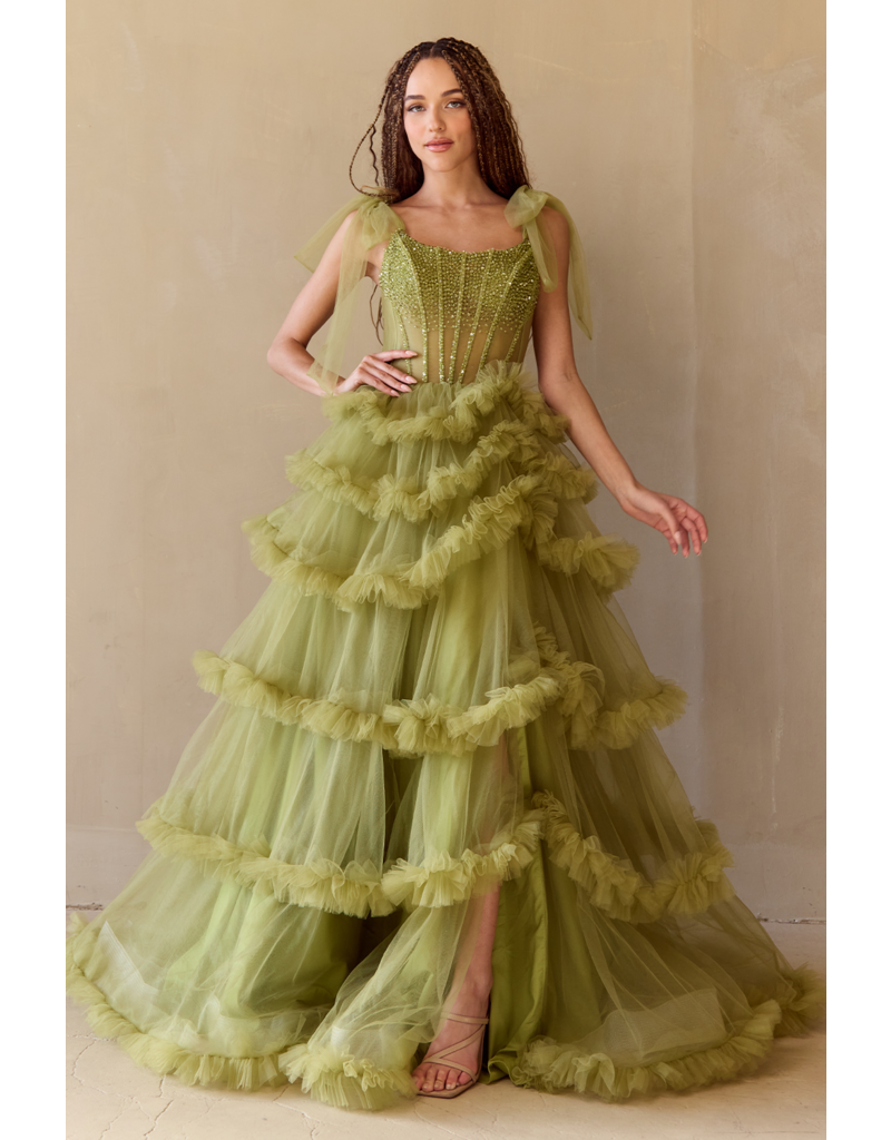 AMELIA COUTURE BEADED CORSET TOP, RUFFLE BALLGOWN W/SLIT 8900