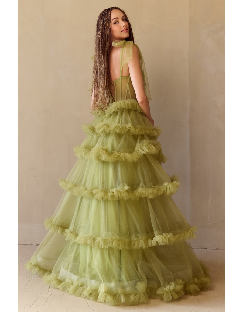 AMELIA COUTURE BEADED CORSET TOP, RUFFLE BALLGOWN W/SLIT 8900