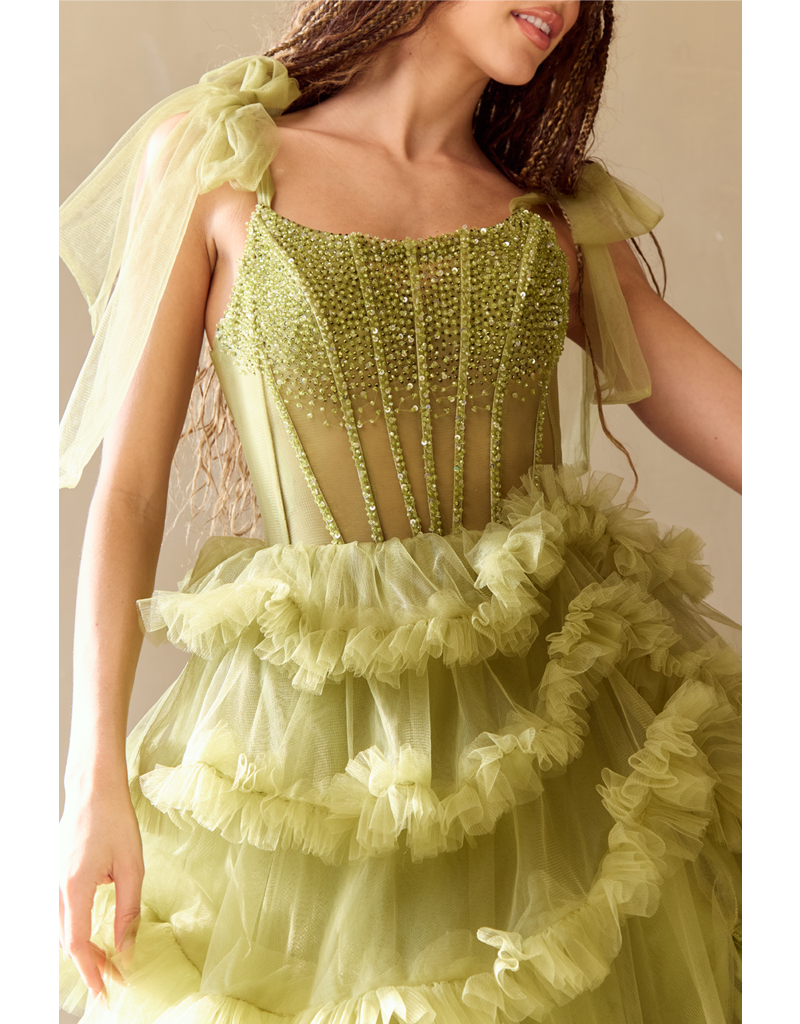 AMELIA COUTURE BEADED CORSET TOP, RUFFLE BALLGOWN W/SLIT 8900