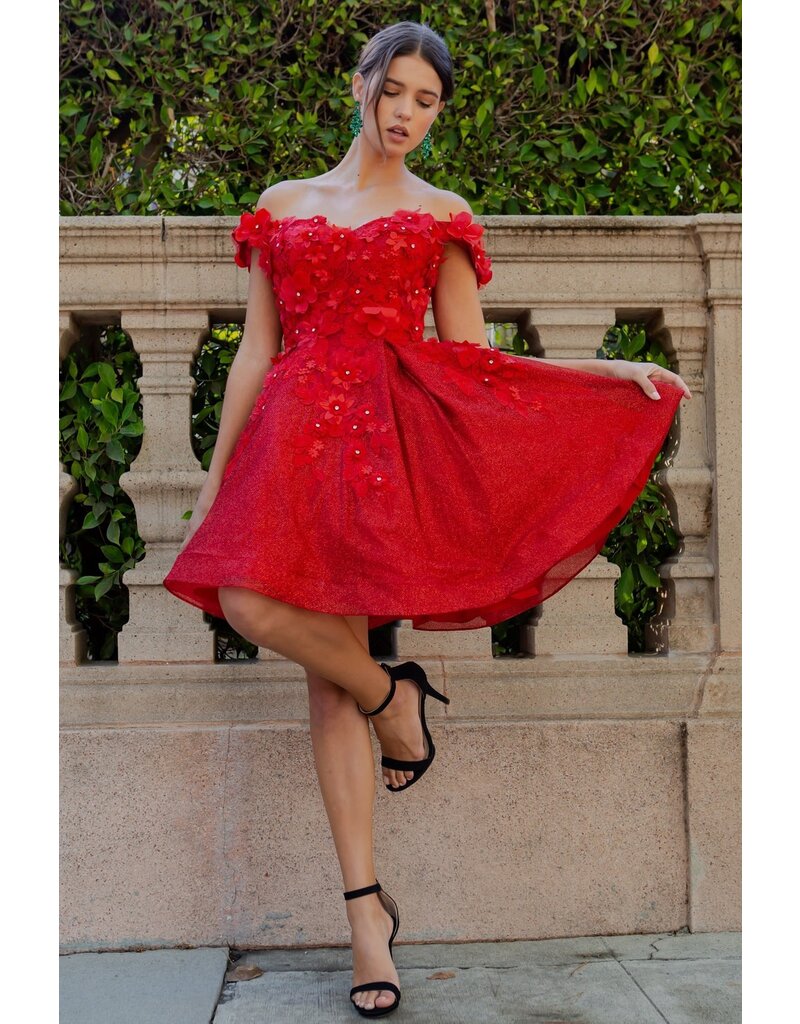 Off the shoulder glitter 3D flower A-line short gown 5120J