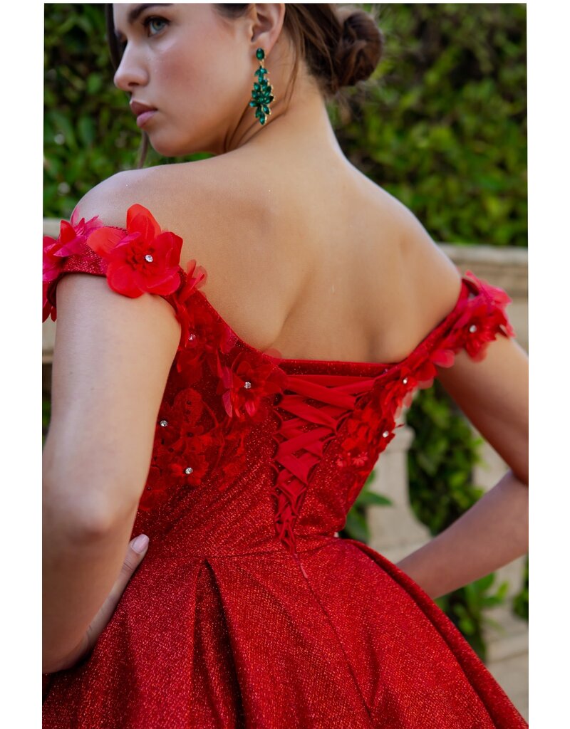Off the shoulder glitter 3D flower A-line short gown 5120J