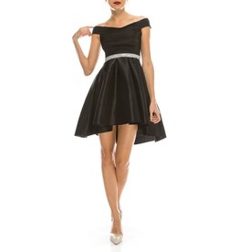 Duulce Satin off the shoulder beaded belt a-line short gown 16129
