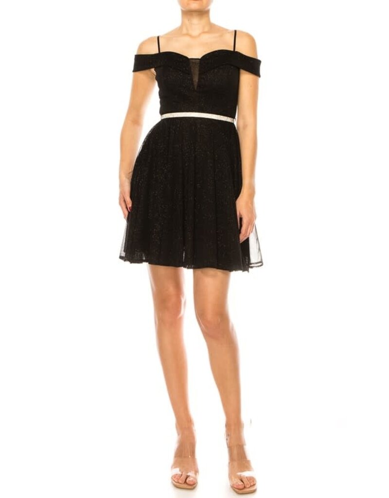 Duulce Off the shoulder glitter mesh short a-line gown 16425