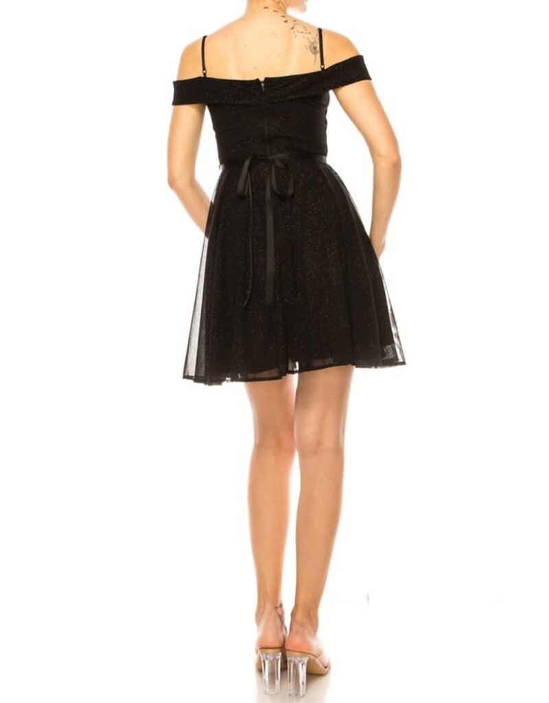 Duulce Off the shoulder glitter mesh short a-line gown 16425