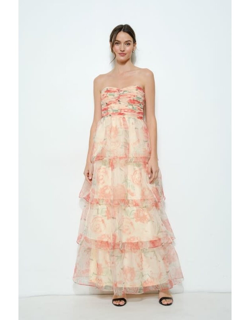 INA Strapless rouched bodice ruffle floral gown 12333