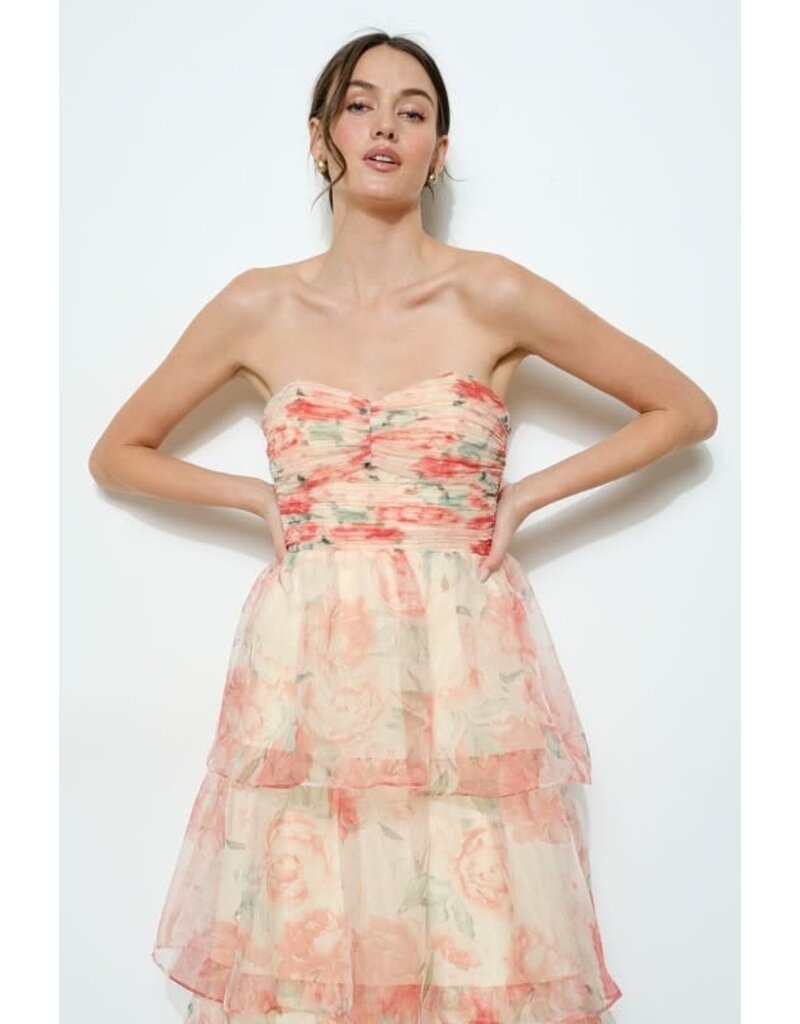 INA Strapless rouched bodice ruffle floral gown 12333