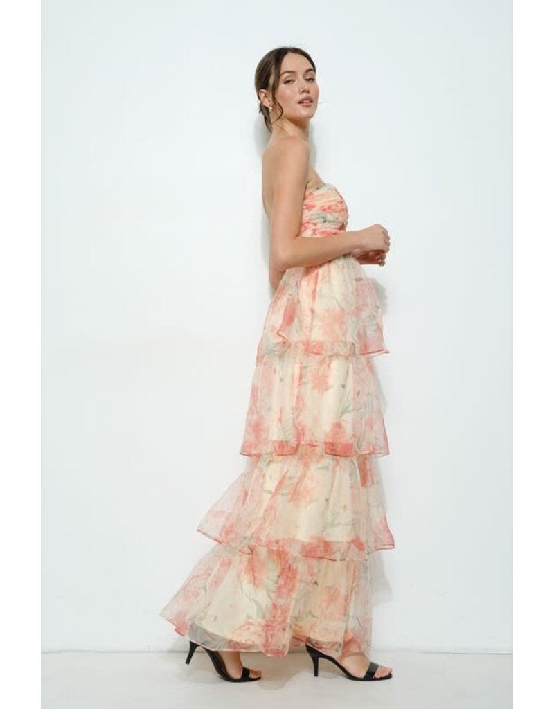INA Strapless rouched bodice ruffle floral gown 12333