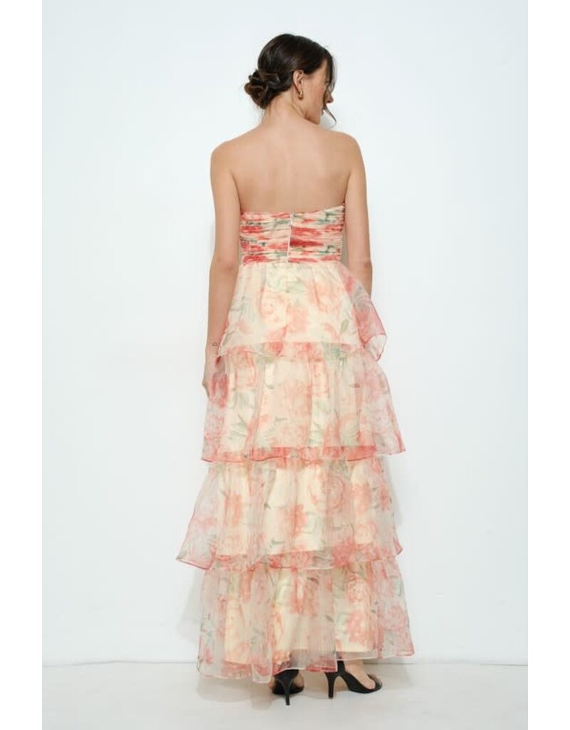 INA Strapless rouched bodice ruffle floral gown 12333