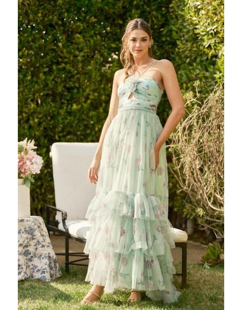 INA Halter rouched bodice floral ruffle gown 12338
