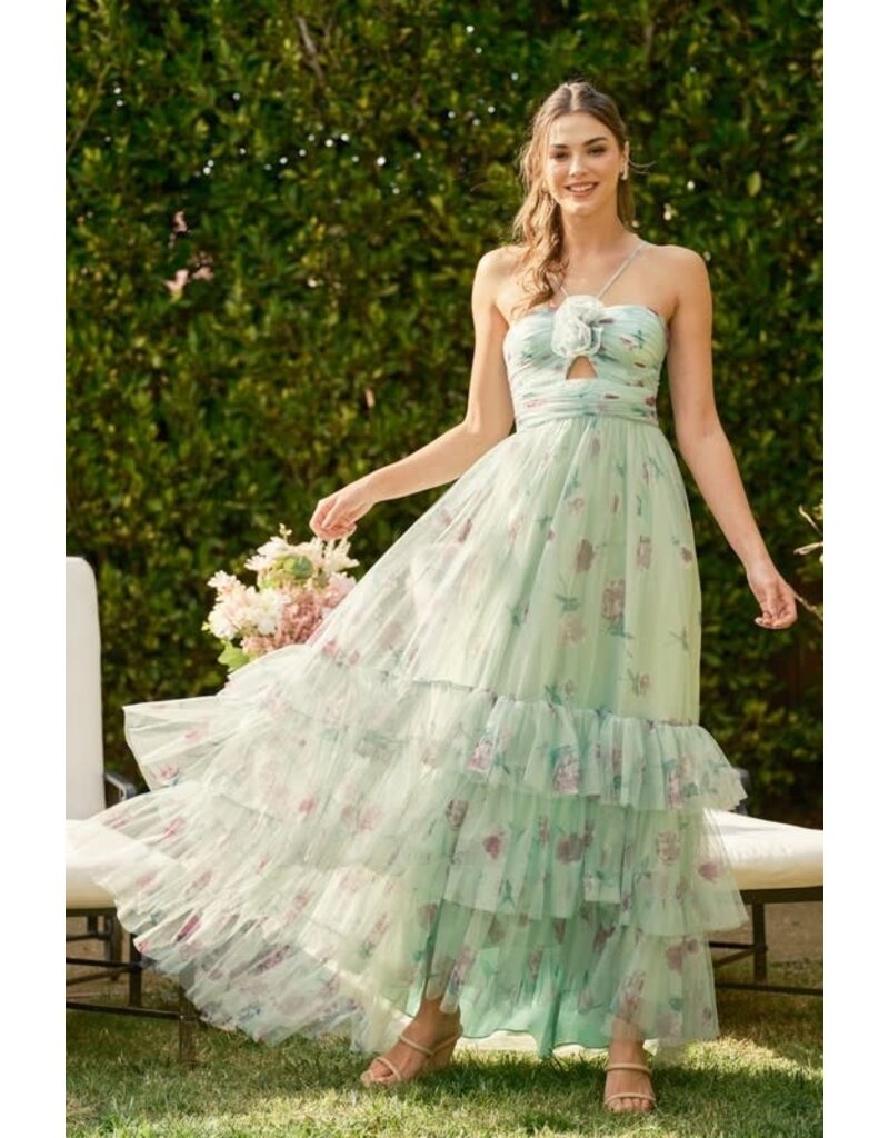 INA Halter rouched bodice floral ruffle gown 12338