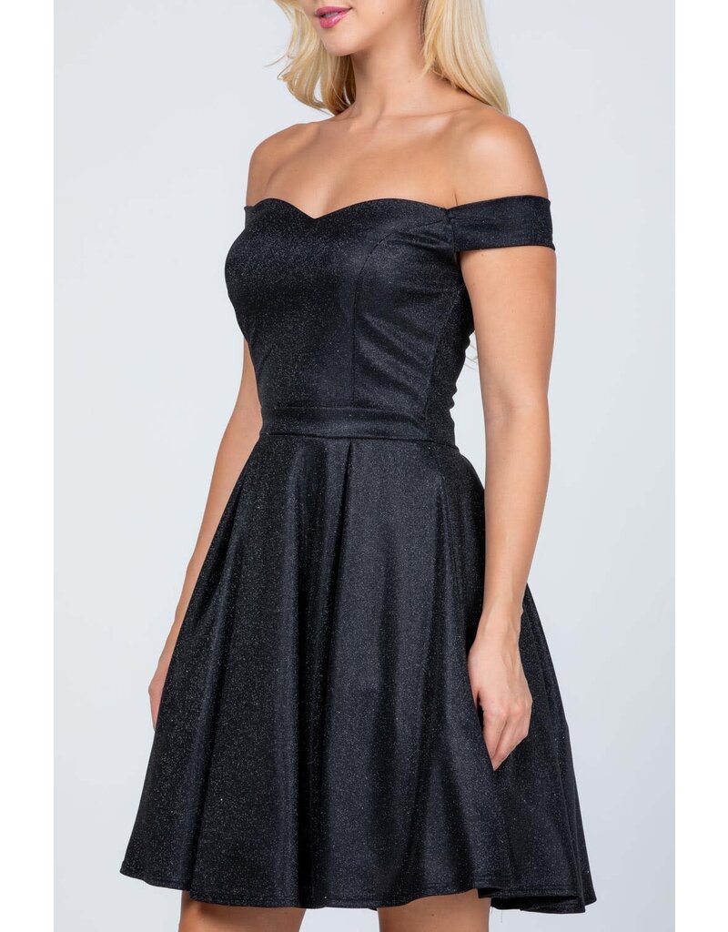 La Scala Off the shoulder glitter short A-line gown 25759