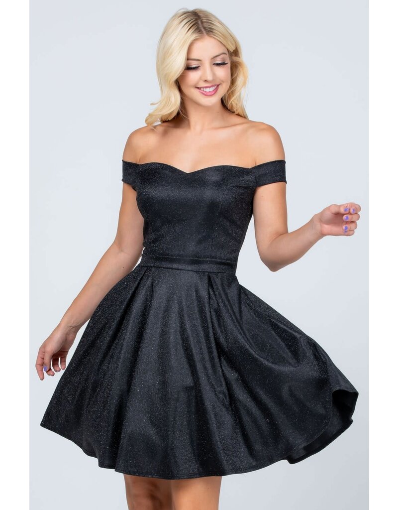 La Scala Off the shoulder glitter short A-line gown 25759