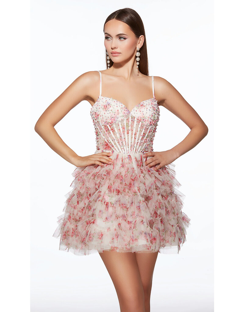 Spaghetti strap pearl beaded corset bodice ruffle skirt 3025013