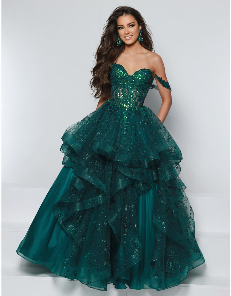 KATE PARKER OFF SHLDR, RUFFLE, CRST BODICE, LC BCK 25698