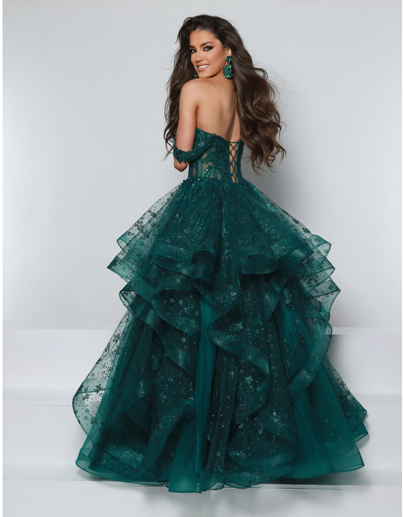 KATE PARKER OFF SHLDR, RUFFLE, CRST BODICE, LC BCK 25698