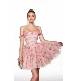 Off the shoulder floral corset bodice a-line short gown 3025021