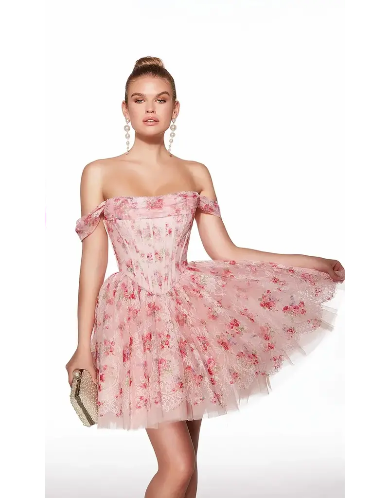 Off the shoulder floral corset bodice a-line short gown 3025021