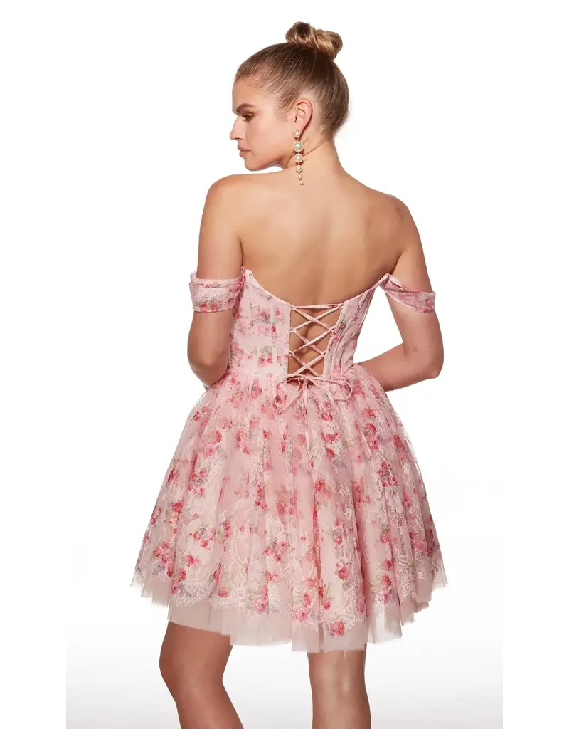 Off the shoulder floral corset bodice a-line short gown 3025021