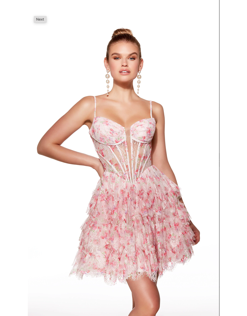 Spaghetti strap lace print ruffle skirt 3025009