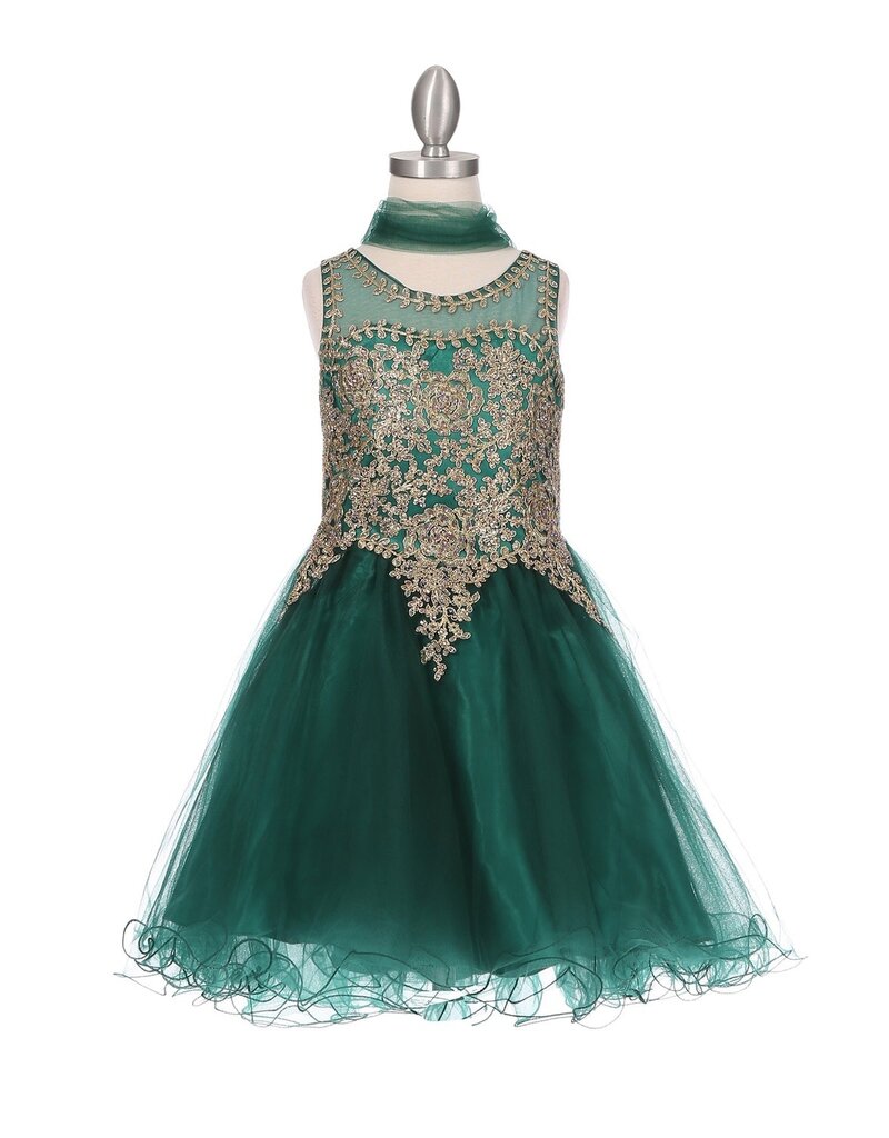 High sheer neck with gold embroidered waist and tulle shirt 5017